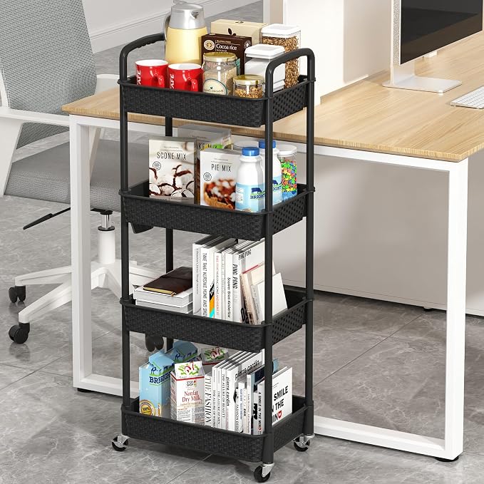 MOYIPIN 4-Tier Plastic Rolling Utility Cart with Handle, Utility Storage Cart for Office, Living Room, Kitchen, Movable Storage Organizer Shelves, Black