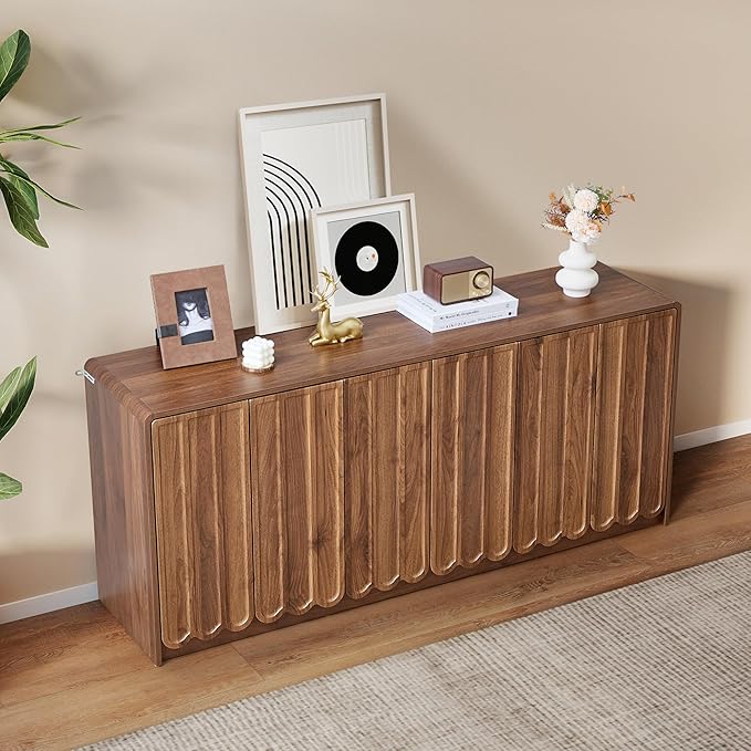 ORRD Sideboard Buffet Cabinet with Storage, Low Storage Cabinet Modern Wooden Accent Credenza Console Table TV Stand with 6 Wave Panel Doors for Kitchen Dining Living Room Entryway, Walnut