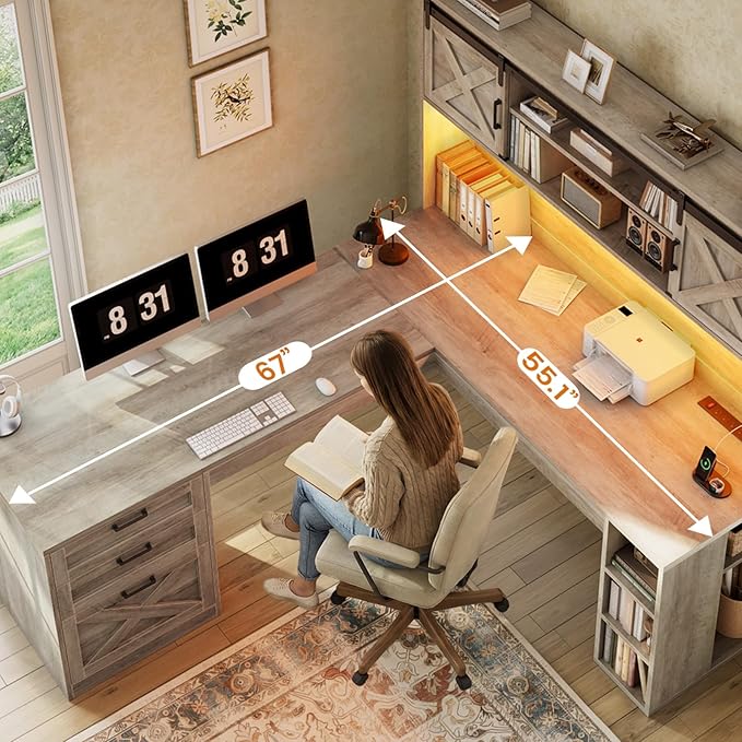 SEDETA 67" Farmhouse L Shaped Desk with Hutch, Home Office Desks with Drawers & Sliding Doors, Corner Computer Desk with Storage Shelves & Power Outlets, Executive Desk with LED Lights, Grey