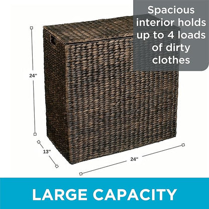 BirdRock Home Water Hyacinth Laundry Hamper Divided Interior (Espresso) | Eco-Friendly | Made of Hand Woven Hyacinth Fibers | Includes Two Removable Cotton Liners Bag | Wicker Laundry Basket with Lid
