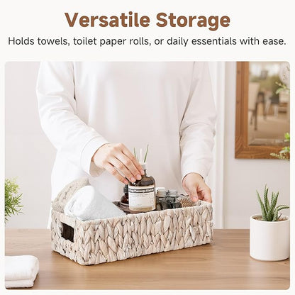 StorageWorks Wicker Toilet Paper Basket for Back of Toilet Baskets, Water Hyacinth Bathroom Basket Organizer and Storage for Tank Topper, Small Tank Trays for Decor with Built-in Handles, White