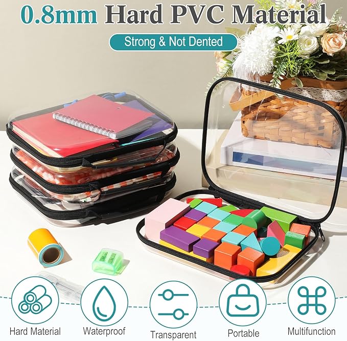 Sanwuta 4 Pcs Clear Hard Zipper Case with Handle Office Storage Cases Hard Plastic Pouches Transparent Bins for Crafts, Snacks, Cosmetics, Puzzles(9.8 x 7.9 x 2 Inches,Black)
