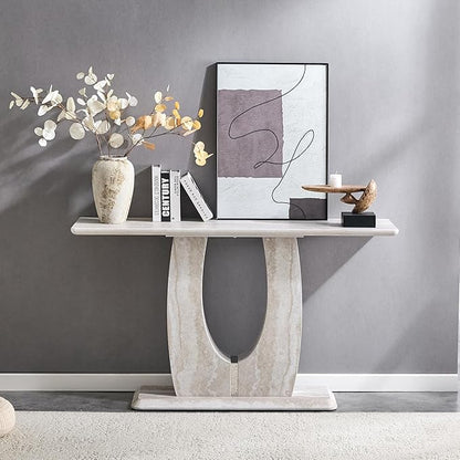 55" Console Table for Entryway, Narrow Sofa Entrance Table with Faux Mars Marble Pattern, Modern Sofa Tables with U-Shaped Base for Living Room, Hallway, Foyer, Home Office, Beige Light