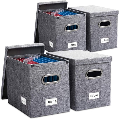PRANDOM File Organizer Box - Set of 4 Collapsible Decorative Linen Filing Storage Hanging File Folders with Lids Office Cabinet Letter Size Grey (14x9.3x10.8 inch)