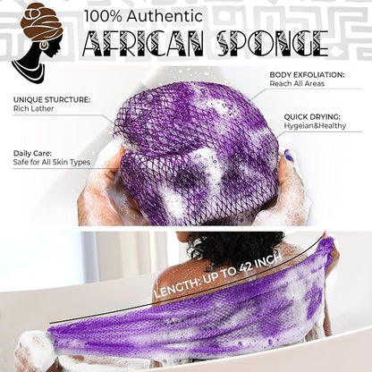 Authentic African Net Sponge with Knots - 2 Pieces Exfoliating Body Sponge Purple & Green - Back Scrubber Shower Exfoliator for Women Personal Care - Shower Scrub for Body Wash Bathing Accessories