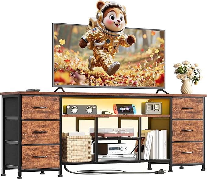 Furologee LED TV Stand for 65, 70 Inch TV, 63 Inch Entertainment Center with Power Outlets, 6 Fabric Drawers Dresser for Bedroom, Media Console with Open Shelves, Rustic Brown
