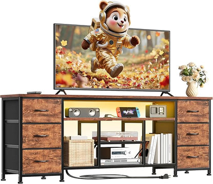 Furologee LED TV Stand for 65, 70 Inch TV, 63 Inch Entertainment Center with Power Outlets, 6 Fabric Drawers Dresser for Bedroom, Media Console with Open Shelves, Rustic Brown