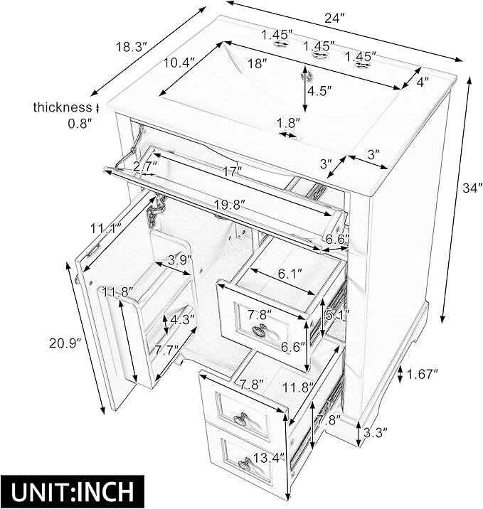 24'' Bathroom Vanity with Sink, MDF & Pinewood Construction, 3 Drawers & Cabinet with 2-Tier Door Storage Rack, Soft-Close Door & Drawers, Modern Design for Small to Medium Bathrooms, White