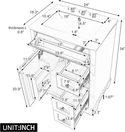 24'' Bathroom Vanity with Sink, MDF & Pinewood Construction, 3 Drawers & Cabinet with 2-Tier Door Storage Rack, Soft-Close Door & Drawers, Modern Design for Small to Medium Bathrooms, White