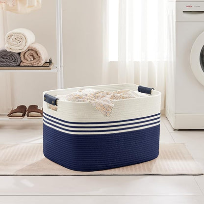 SunNewt 86L Extra Large Laundry Basket with Leather Handles for Living Room Storage, Woven Rope Baskets for Blanket, Kids Toy, Gifts, Wicker Hamper for Bedroom Dirty Clothes, 24"x16"x14" White Navy