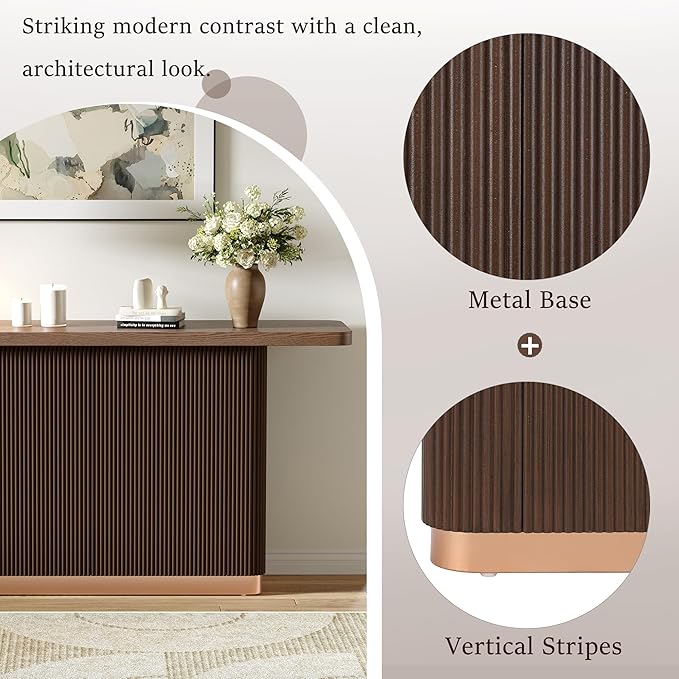 Merax Entryway Console Table, Modern Hallway Table with Ash Veneer Top and Fluted Base, Vertical Stripes & Metal Accent Sofa Table for Living Room