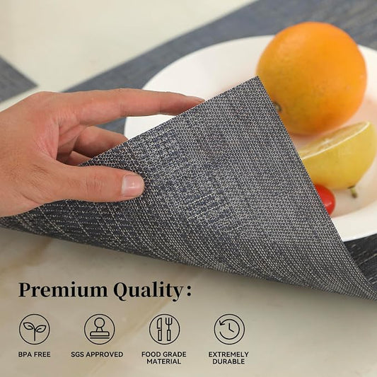 Leetaltree Denim Blue Placemats Set of 8 - Heat Resistant Non-Slip Place mats for Dining Table, Washable Durable PVC Vinyl Woven Table Mats（Denim Blue, 8）