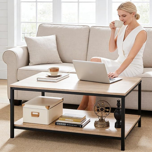 SUPER DEAL 2-Tier Industrial Coffee Table with Storage Shelf for Small Apartment Living Room, Rectangle Wood and Stable Metal TV Stand Side End Table, Natural Oak