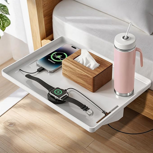 Bedside Shelf for Dorm Bunk Bed, Clip On Nightstand, Bed Side Table Tray Organizer, College Dorm Room Essentials for Girls/Guys, with Cable Management for Dormitory, Back to School (White)