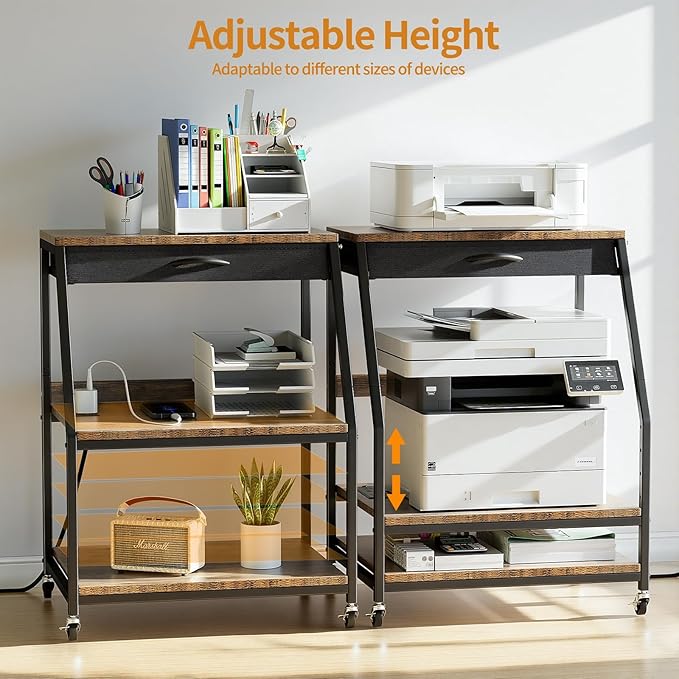 Housolution Large Printer Stand, 3 Tier 22 x 18 Inch Mobile Printer Table with Charging Station & Adjustable Storage Shelf, Rolling Printer Cart with Wheels, Printer Stand with storage for Home Office