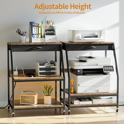 Housolution Large Printer Stand, 3 Tier 22 x 18 Inch Mobile Printer Table with Charging Station & Adjustable Storage Shelf, Rolling Printer Cart with Wheels, Printer Stand with storage for Home Office