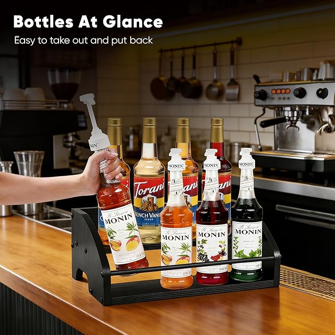 Mini Coffee Syrup Rack, 2-Tier | Syrup Bottles Holder, Liquor Bottle Display Shelf, Rustic Wooden Countertop Organizer, For Coffee Bar, Spirits, Tea