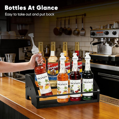 Mini Coffee Syrup Rack, 2-Tier | Syrup Bottles Holder, Liquor Bottle Display Shelf, Rustic Wooden Countertop Organizer, For Coffee Bar, Spirits, Tea