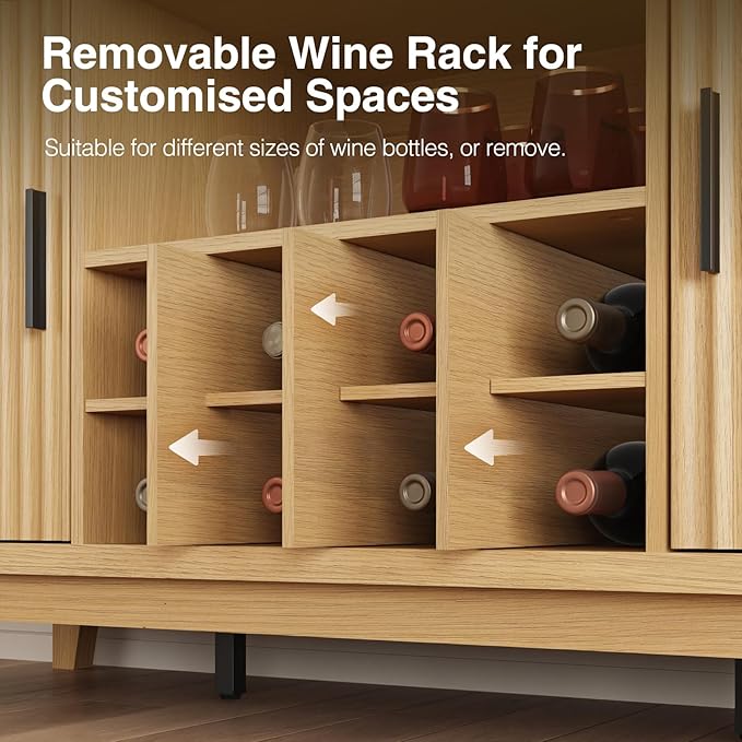 Fluted Buffet Cabinet with Storage, Modern Coffee Bar Cabinet with Outlet, Removable Wine Rack, Multi-Functional Accent Liquor Cabinet for Living Room, Entryway, Kitchen, Natural