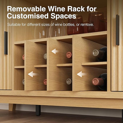 Fluted Buffet Cabinet with Storage, Modern Coffee Bar Cabinet with Outlet, Removable Wine Rack, Multi-Functional Accent Liquor Cabinet for Living Room, Entryway, Kitchen, Natural