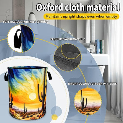 Desert Cactus Laundry Basket Sunset Foldable Oxford Cloth Funny Tote Bag Laundry Hamper Clothes Storage Bucket Toy Organizer For Bathroom/Laundry Storage/Bedroom 18.9x16.5 Inch
