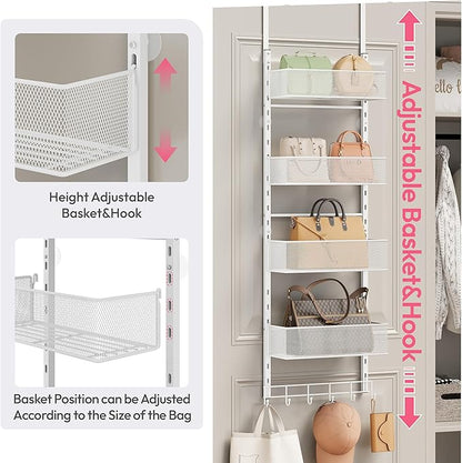 SWTYMIKI Over The Door Purse Organizer - Wall Mounted Purse Rack with 4 Adjustable Metal Basket and 6 Hooks, Hanging Bag Rack for Handbag Organizer, Bag Storage Can Use As 1/2 Part, for Door, Closet