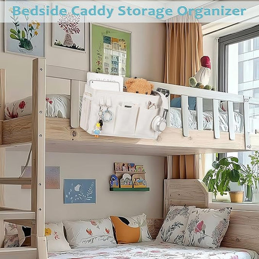 Loghot Bedside Caddy/Bedside Storage Bag Hanging Organizer for Bunk and Hospital Beds,Dorm Rooms Bed Rails,Can be Placed Glasses,Books,Mobile Phones,Keys (White)