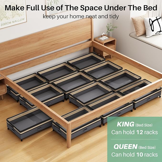 Kitstorack 2Pack Height-adjustable Under Bed Storage with Wheels, Under Bed Storage Containers,Under Bed Shoe Storage Organizer with Clear Window&Label, Suitable for Clothes Storage, Beige & Gray