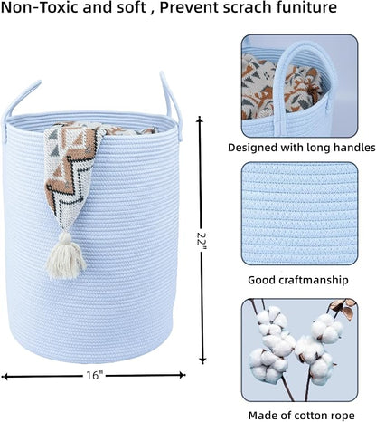 XUANGUO Cotton Rope Laundry Basket Hamper for Clothes Woven Storage Basket for Living Room Bedroom Boho Tall Rope Baskets for Blanket Toys Pillow Towels Baby Nursery Hamper Bin light blue Large