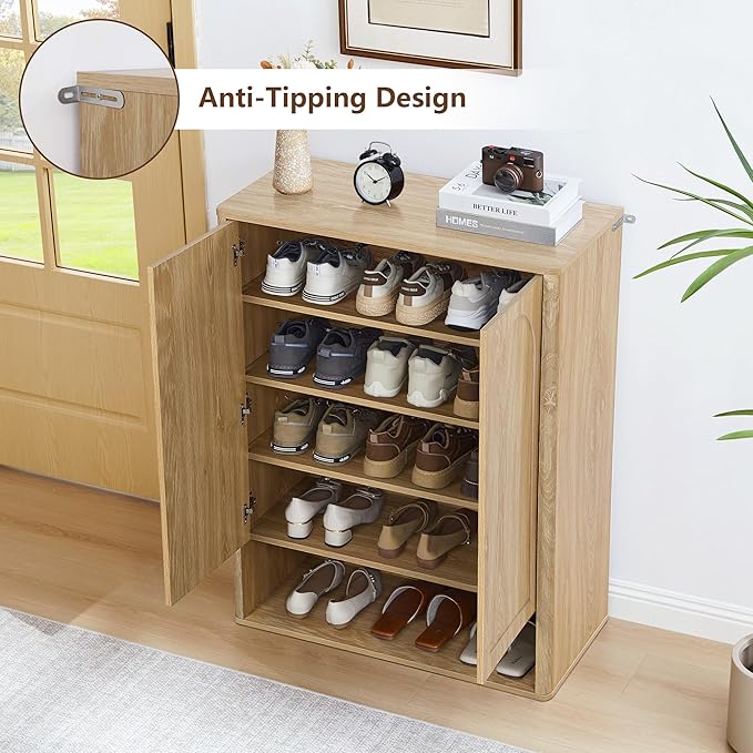 Shoe Cabinet, 5 Tier Wooden Shoe Storage Organizer Cabinet with Adjustable Shelves, Shoes Rack Accent Cabinet for Entryway Hallway Living Room, Natural