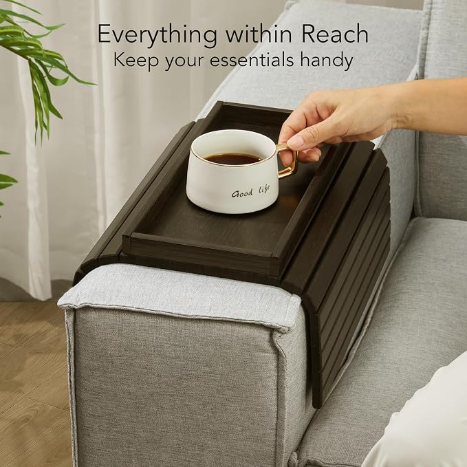 DETOR Sofa Arm Tray with Spacious 12.4" x 5.4" Storage Box, Ebony Bamboo Finish, Enhanced Non-Slip Felt Bottom, Sturdy Bamboo Slats, Fits Armrests 6" and Wider