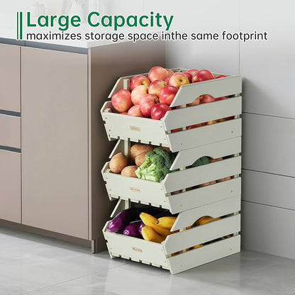Wood Potato Onion Storage Bins - Wooden Stackable Produce Basket - Fruit Vegetable Storage for Kitchen Pantry Organization, Set 3 Pieces