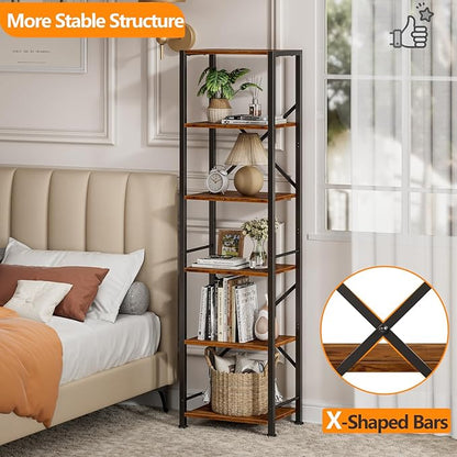 Furologee 6 Tier Tall Bookshelf, Industrial Narrow Bookcase, Display Standing Shelf Units, Metal and Wood Storage Rack Organizer for Living Room, Home Office, Entryway, Kitchen, Rustic Brown