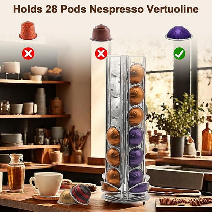 Coffee Pod Organizer for Nespresso Vertuo, Large Compacity Coffee Pod Stand for Nespresso VertuoLine Capsule, Hold 28 Pods, Silver
