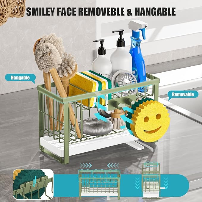 Taugast Sponge Holder for Kitchen Sink with Flexible Sponge Holder Smiley Face,2 Tier Kitchen Sink Organizer Countertop and Storage Essentials,Soap Dispenser Organize,Home Decor Accessories-Green