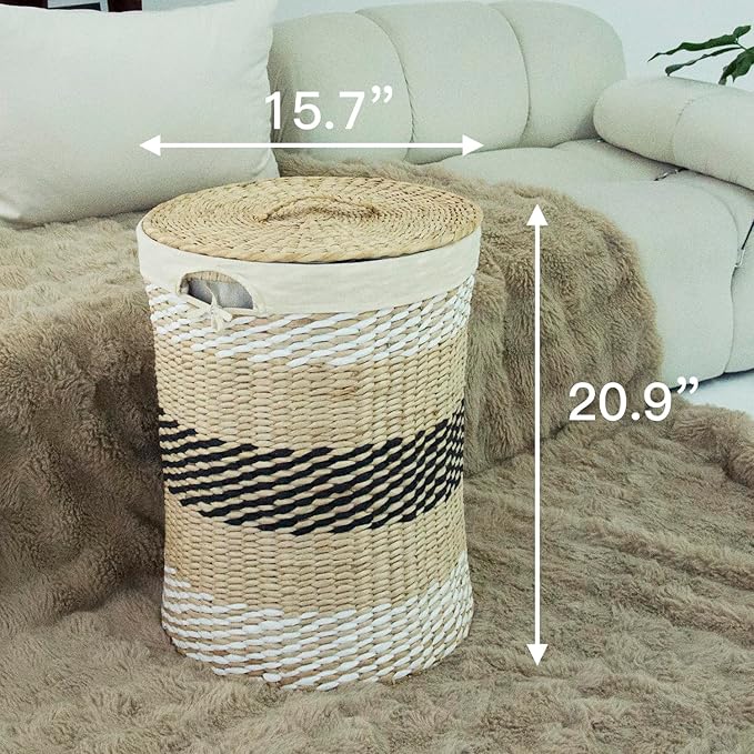 Hand Woven Laundry Basket with Lid,21-Inch Laundry Hamper with Removable Liner for Laundry and Elegant Storage,Multicolor