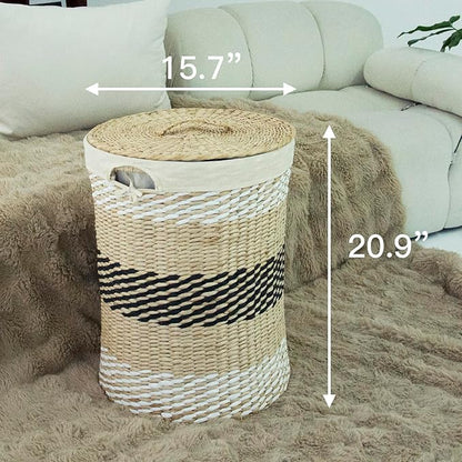 Hand Woven Laundry Basket with Lid,21-Inch Laundry Hamper with Removable Liner for Laundry and Elegant Storage,Multicolor