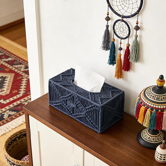 Woven Macrame Boho Tissue Box Cover Rectangular for Home Decor,Resin Heavy Woven Tissue Box Holder for Bathroom Kitchen Countertop,Bedroom, Vanity, Night Stand, Office, Waterproof Durable (Blue)