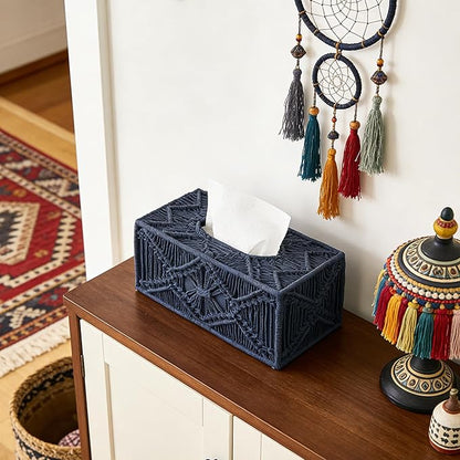 Woven Macrame Boho Tissue Box Cover Rectangular for Home Decor,Resin Heavy Woven Tissue Box Holder for Bathroom Kitchen Countertop,Bedroom, Vanity, Night Stand, Office, Waterproof Durable (Blue)