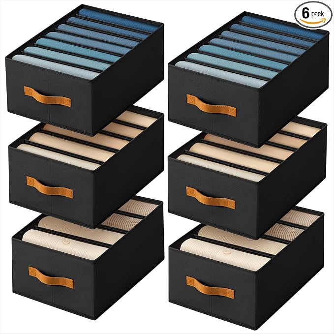 Homsorout Clothes Organizers and Storage - 4/5/7 Grids Fabric Jeans Organizer with Handles, Foldable Closet Organizers Dividers, Wardrobe organizer for Pant, Sweater, T-shirt, Scarf, 6 Pack, Black
