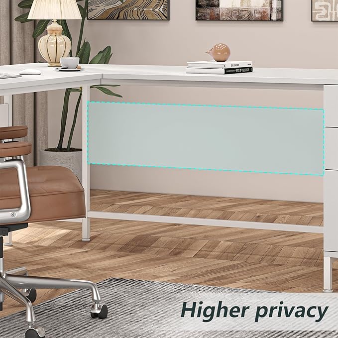 TVU 59’’ L Shaped Desk with 6 Wooden Drawers, Large Home Office Corner Computer Desk with Storage File Cabinet, Modern Metal Wood Desk for Executive Writing Study Workstation, White
