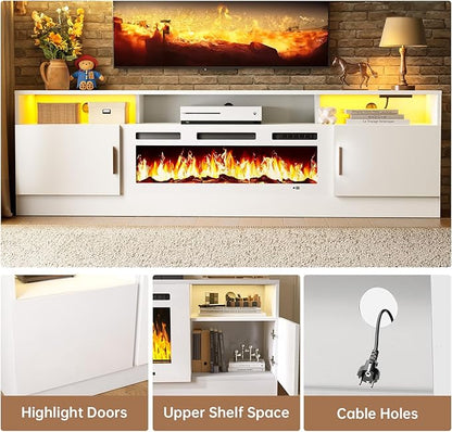 MXV 70" Fireplace TV Stand with Power Outlet for TVs UP to 80", Electric Fireplace Entertainment Center with LED Lights & Storage Cabinets, TV Console for Living Room, Office, White-White