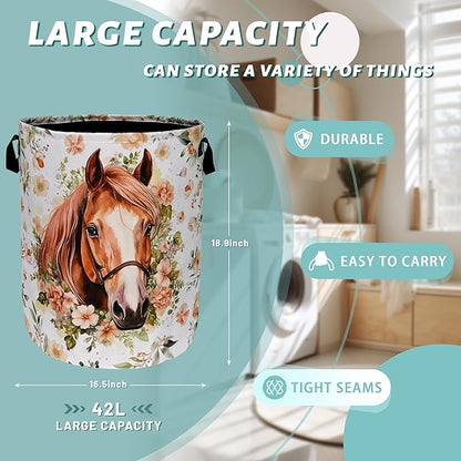 Watercolor Horse Laundry Basket Foldable With Handles Cute Animal Floral Tote Bag Oxford Cloth Colorful Laundry Hamper Clothes Toy Storage Bucket For Bathroom/Laundry/Bedroom 18.9" x 16.5 "