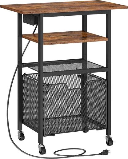 HOOBRO Printer Stand, Printer Table with Charging Station, Printer Cart with Hanging File Folder Organizer, Rolling File Cabinet Cart, Shelf for Home Office, Rustic Brown and Black BF17UPS01