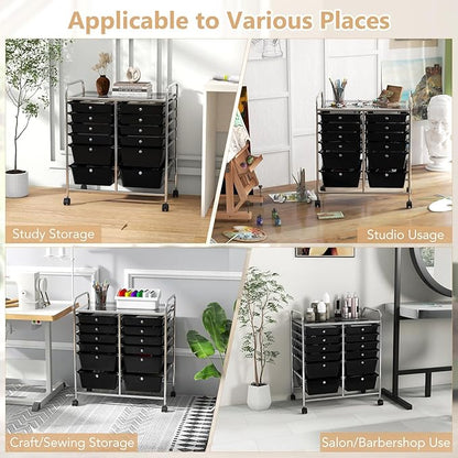 HAPPYGRILL Happygrill 12-Drawer Rolling Storage Cart, Multipurpose Organizer Cart for Home Office School, Utility Cart with Wheels, (Black)
