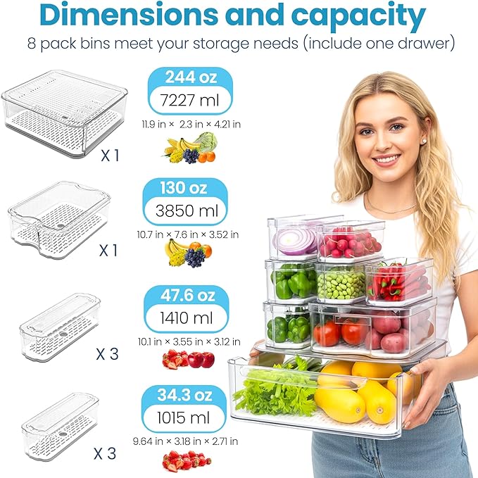 8 Pack Refrigerator Organizers, Clear Pull-out Drawer Container and Organizer Bins with Lids, Stackable Storage Containers for Fruits, Vegetable (Set of 8 (Include Pull Out Drawer))