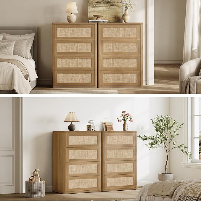 SICOTAS 4 Drawer Dresser for Bedroom-40.59'' Tall Rattan Bedroom Dressers with Oversized Drawers, Modern Wooden Chest of Drawers, Push-to-Open Storage Dresser for Closet, Nursery, Amber Oak, 3PCS