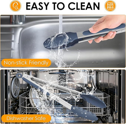 HOTEC Premium Stainless Steel Locking Kitchen Tongs with Silicon Tips, Set of 2-9" and 12",Dusty Blue