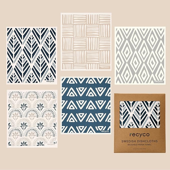 RECYCO Swedish Dishcloths for Kitchen | 5 Pack Boho Neutral Boho Washable Dish Rags | Cellulose Reusable Cleaning Paper Towels | Absorbent Counter Dish Cloth Sponge Kitchen Wipes, 8" L x 7" W