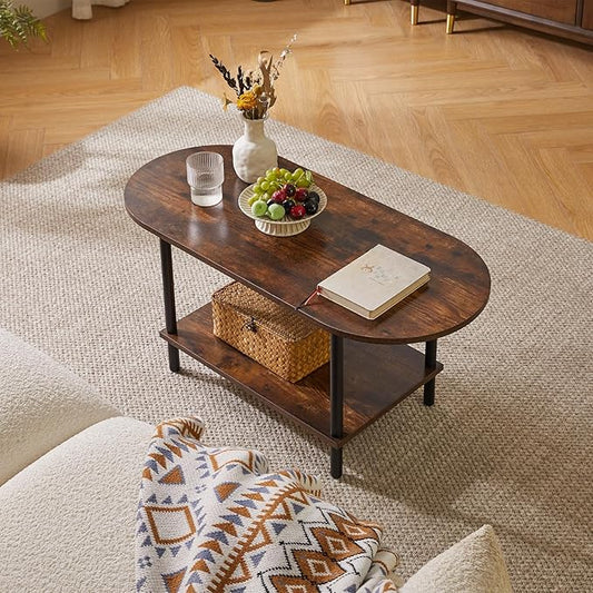 Aibiju Rustic Coffee Table Small Coffee Table, TV Centre Table Stand 35 * 16 * 17", 2-Tier Oval Wood Tea Table for Living Room Apartment Rustic Brown YD-012H